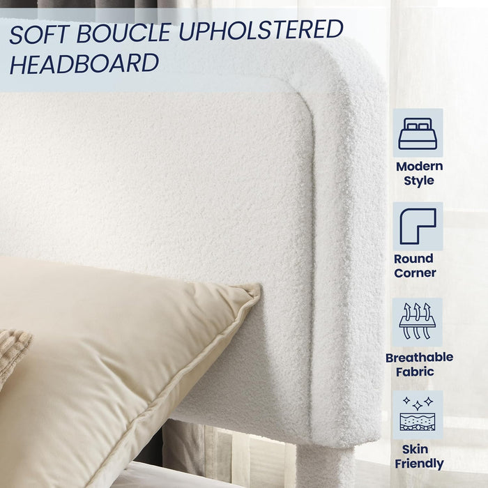 Full Size Upholstered Cloud Bed Frame with Adjustable Headboard, Modern Platform Bed with Boucle Fabric Wood Slat, Low Profile, No Box Spring Needed, Easy Set Up, White