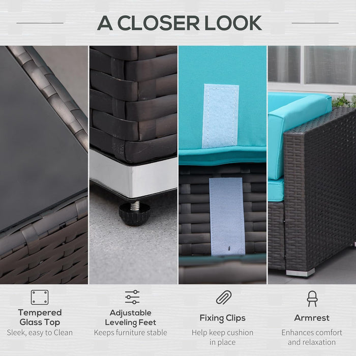 7-Piece Patio Furniture Sets Outdoor Wicker Conversation Sets All Weather PE Rattan Sectional Sofa Set with Cushions & Tempered Glass Desktop, Turquoise