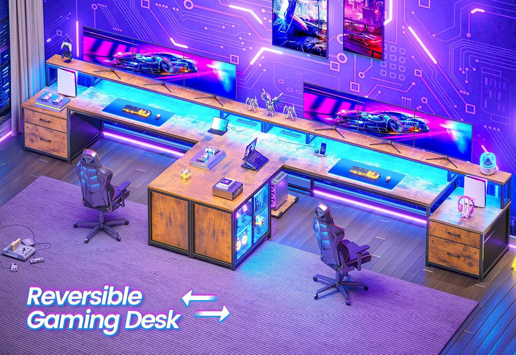 78.7” Large L Shaped Desk with Storage Drawers, Office Desk with File Drawer and Display Cabinet, L Shaped Gaming Desk with Storage, Power Outlet and LED Lights for Home Office, Rustic Brown