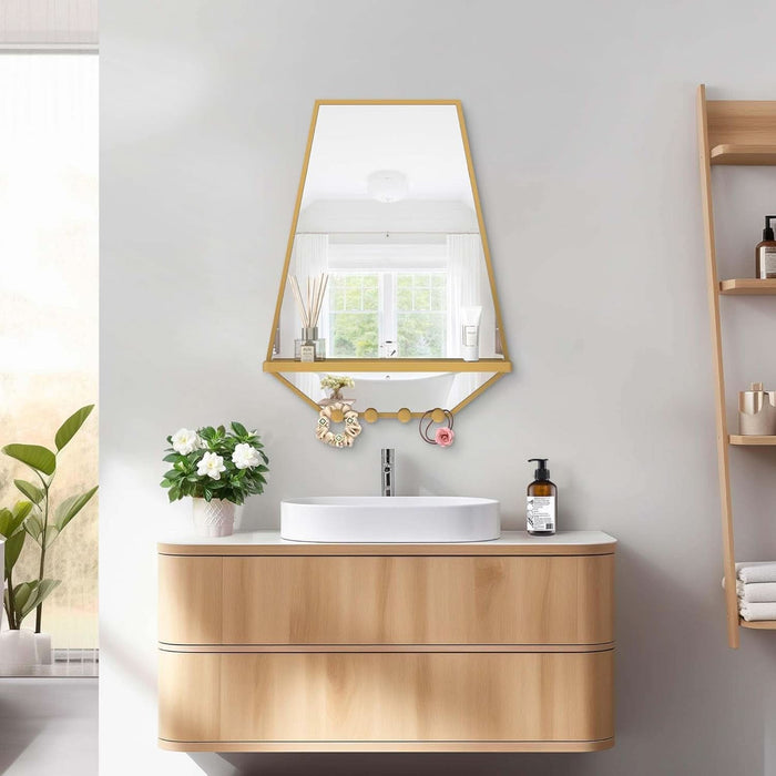 26X20 Inch Bathroom Mirror with Shelf, Irregular Hexagonal Metal Wall Mirrors with Hooks, Bathroom Vanity Mirror Farmhouse, Wall Mounted Mirror Decor for Living Room Bedroom Entryway (Gold)