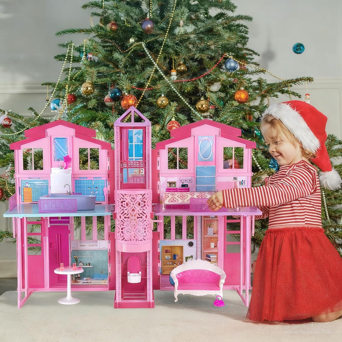 Dreamy Doll House, Dollhouse Playhouse with Large Rooms & Big Furnitures, Including Elevator, Foldable Dolls House Toys Gifts for Girls Kids Ages 3+