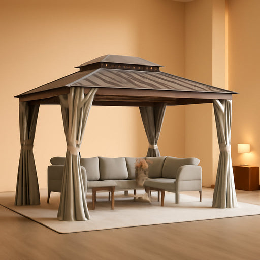 10x12 Outdoor Gazebo Aluminum Champagne Hardtop Curtains