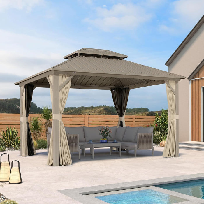 10x12 Outdoor Gazebo Aluminum Champagne Hardtop Curtains