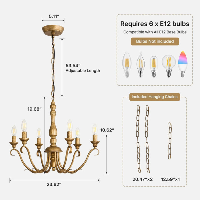 Farmhouse Vintage Antique Brass Chandelier: Distressed Gold Candle Fixture