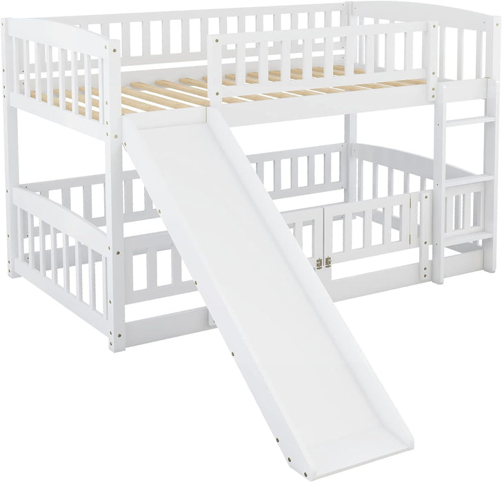 Bunk Bed Twin over Twin with Slide and Stairs, Twin Bunk Bed for Kids, Girls, Boys, Floor Bunk Bed with Fence and Door, White
