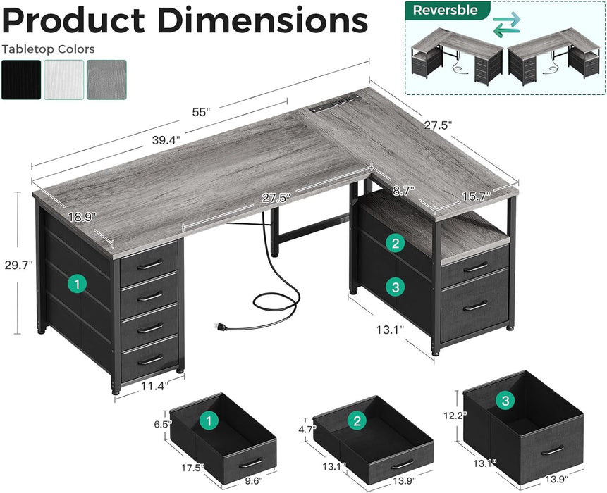 L Shaped Computer Desk with 6 Drawers & Power Outlet, 55 Inch Corner Desk with Reversible Storage Shelf & File Drawer, Home Office Desk, Grey Oak