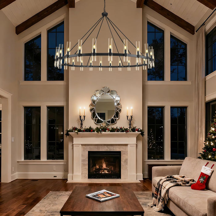 70" 24-Light Black Wagon Wheel Chandelier for High Ceilings Living Room