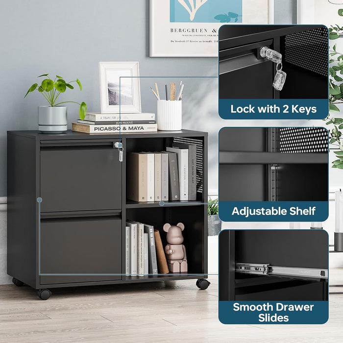 2 Drawer File Cabinet with Lock, Metal Lateral Rolling Printer Stand Filing Cabinets with Drawers for Home Office,A4, Letter Size File Folders(Black)