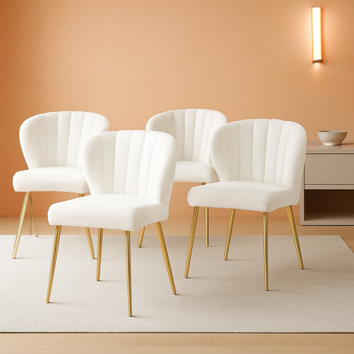 White Velvet Dining Chairs Set of 4, Modern Dining Chairs with Golden Metal Legs, Tufted Upholstered Dining Chairs for Dining Room/Kitchen/Vanity