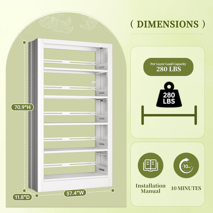 Bookshelf, 71" H Tall White Bookcase, 5-Tier Bookcase Metal Sturdy Bookshelf with Adjustable Shelves,Heavy Duty Book Cases for Living Room, Library, School, Study, Home Office