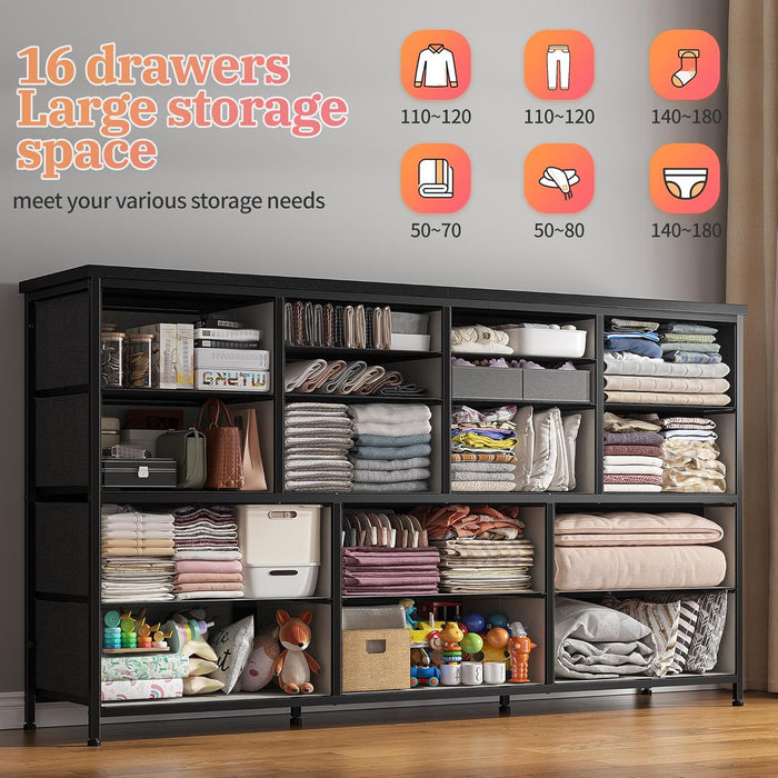 16 Drawer TV Stand Black Dresser 51"W for 60" TV – Long Dresser with 3 Power Outlets & 2 Ports, 374 LBS Load-Bearing Capacity, Space Saving Entertainment Center for Small Bedroom, Dorm, Living Room