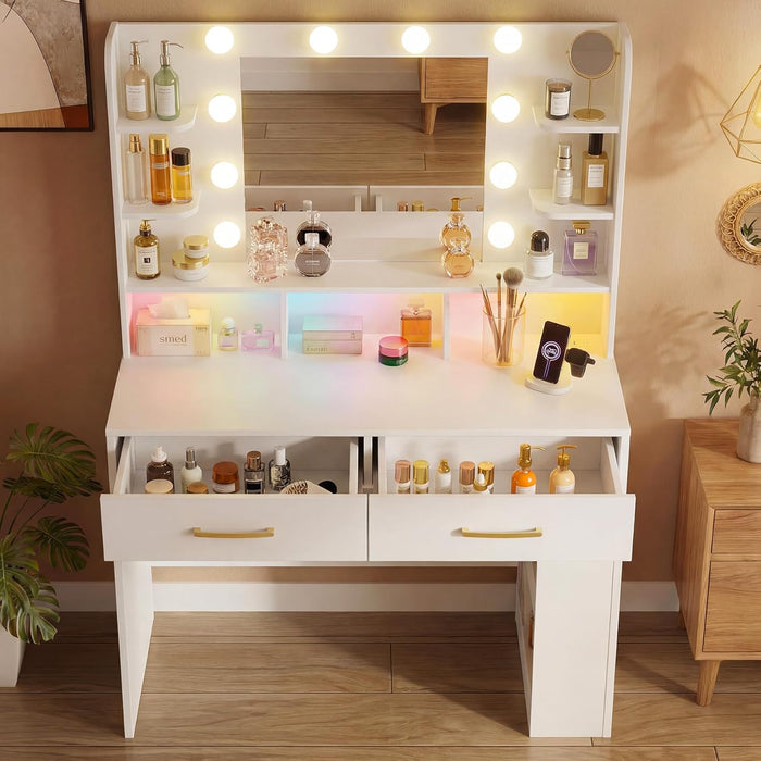 Vanity Desk with LED Lights Mirror & Charging Station, Makeup Vanity with Storage Drawers and Shelves, Modern Dressing Table for Women Girls Bedroom, Ivory White