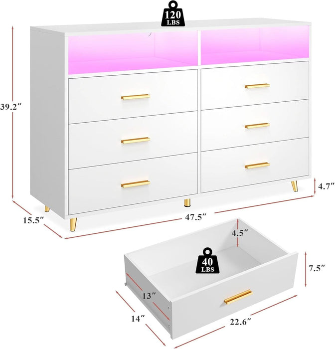 White Dresser with LED Lights, 6 Drawers & 2 Open Shelves Top Dresser for Bedroom, Wood Chests of Drawers