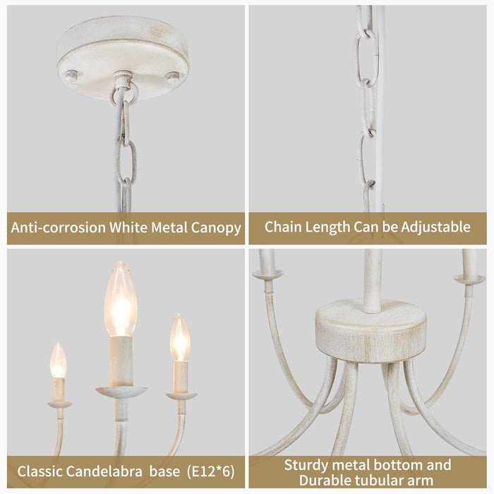 French Country Chandelier, 6-Light Antique White Farmhouse Chandelier for Dining Room Lighting Fixtures Hanging, Candle Hanging Pendant Lights for Kitchen Living Room Bedroom Foyer