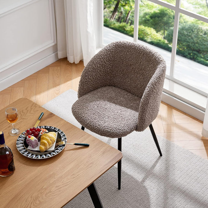 Accent Chairs Set of 2, Fuzzy Sherpa Dining Chairs with Barrel Back, Upholstered Faux Fur Armchairs with Black Metal Leg, Living Room Chairs (Light Brown)