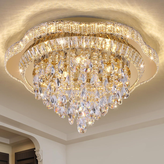 24Inch Gold LuxCrystalLED Remote Flush Mount Light