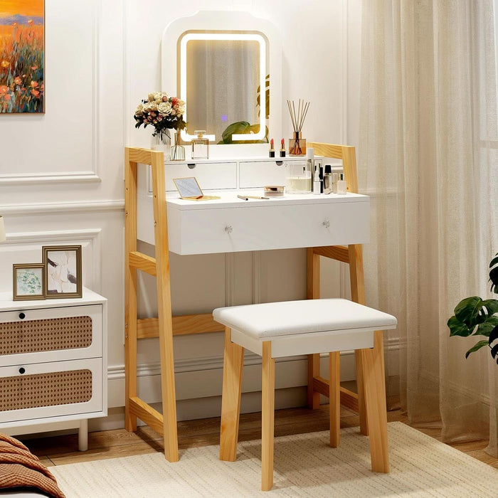 Small Vanity Desk with Mirror and Lights, White Makeup Vanity Desk with 3 Drawers, Adjustable Heights, 3 Color Lighting Modes, Compact Bedroom Dressing Table with Stool for Small Space