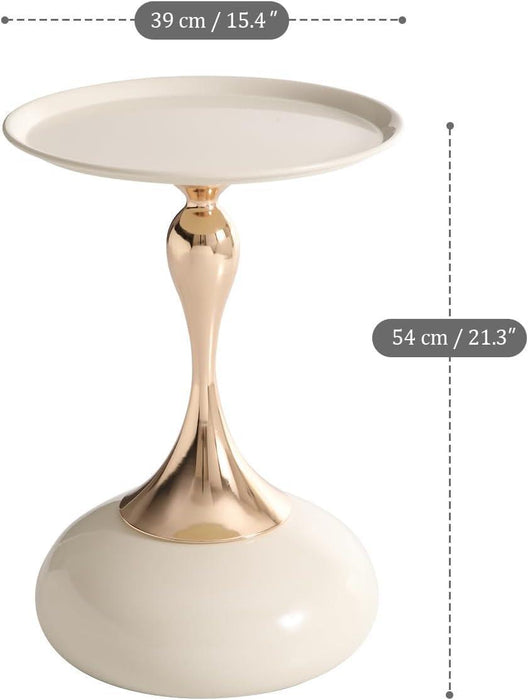 Small round Side Table for Small Spaces, Modern Pedestal End Table Living Room, Cream Metal Drink Tables Martini Table, Unique Circle Accent Tables for Sofa, Bedroom, Office