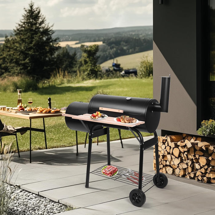 BBQ Charcoal Grill, Outdoor Patio Barbecue Cooker with Offset Smoker, Wheels and Tray for Balcony Picnics, Party and Camping