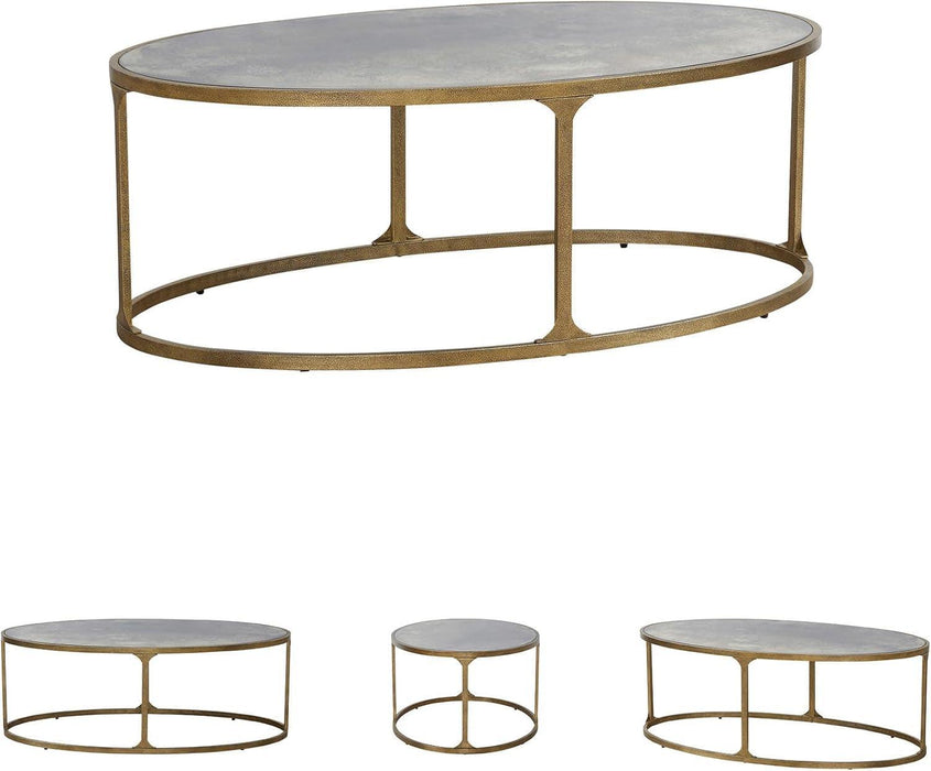 Korajane Oval Coffee Table with Tempered Glass Top, Faux Marble Finish, Steel Frame, 48" W X 27.38" D X 17.5" H, Antique Gold