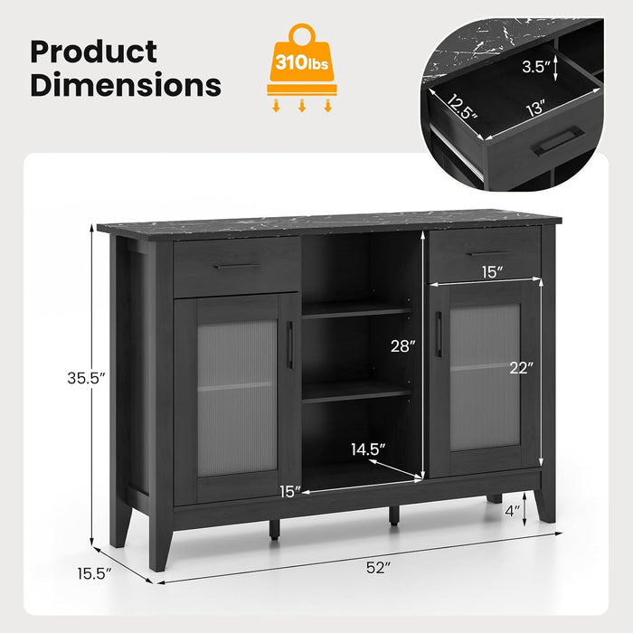 Sideboard Buffet Cabinet with 2 Drawers, Kitchen Storage Cabinet W/2 Doors, Open Compartments, Shelves, Faux Marble Top, Modern Furniture for Living Room, Coffee Bar, Entryway (Black)