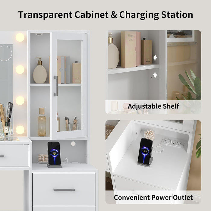 59'' W Large Makeup Vanity Desk with Mirror and Lights, White Vanity with Power Outlet, 8 Drawers & 2 Cabinets, 3 Lighting Modes Brightness Adjustable, Glass Top Vanity with Chair for Bedroom