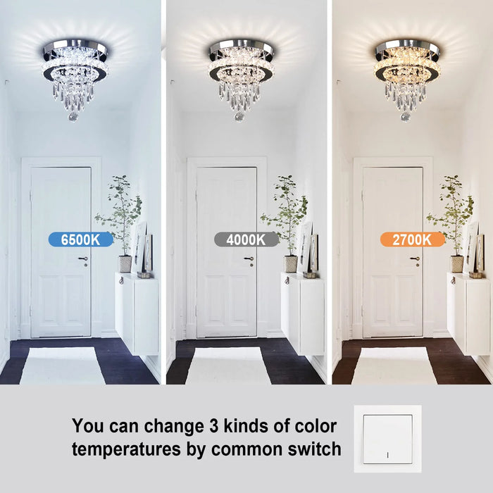 Modern Crystal Ceiling Light LED Crystal Flush Mount Ceiling Light Stainless Steel Crystal Ceiling Light Fixture for Hallway Entrance Foyer Variable Light(6500K/2700K/4500K)