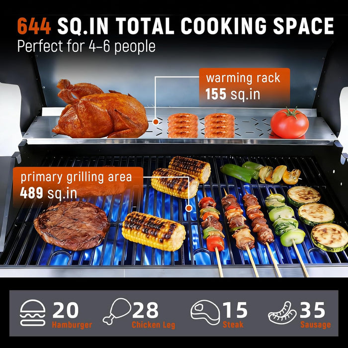 6 Burner Propane Gas Grill, 60,000 BTU Outdoor BBQ Grill with Cast Iron Cooking Grates, Stainless Steel Warming Rack, Built-In Thermometer, Electronic Ignition, Side Shelves, Storage Cabinet