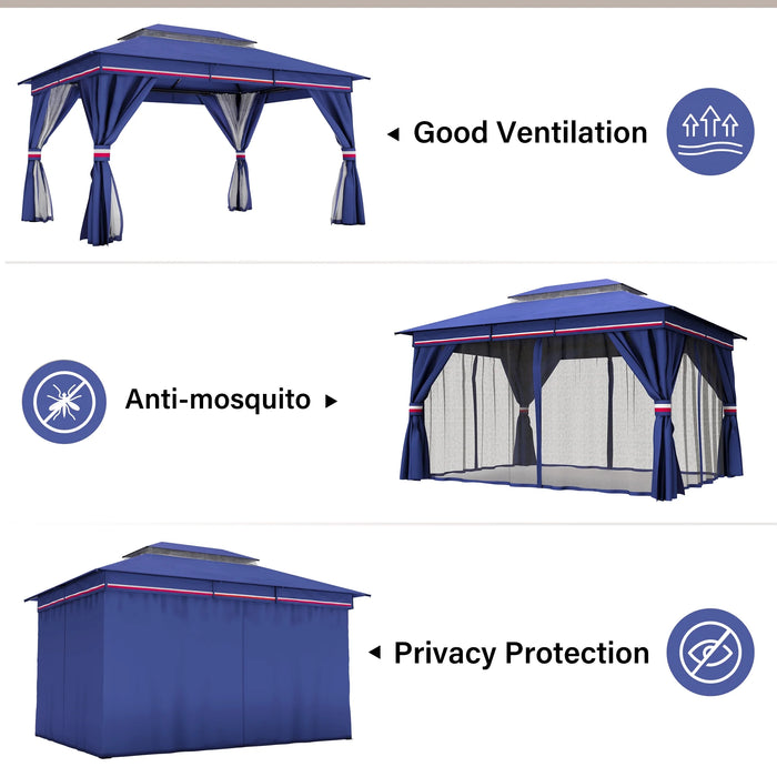 10'X13' Patio Gazebo, Double Roof Outdoor Shelter Tent with Mosquito Nettings and Privacy Screens, Classic Blue