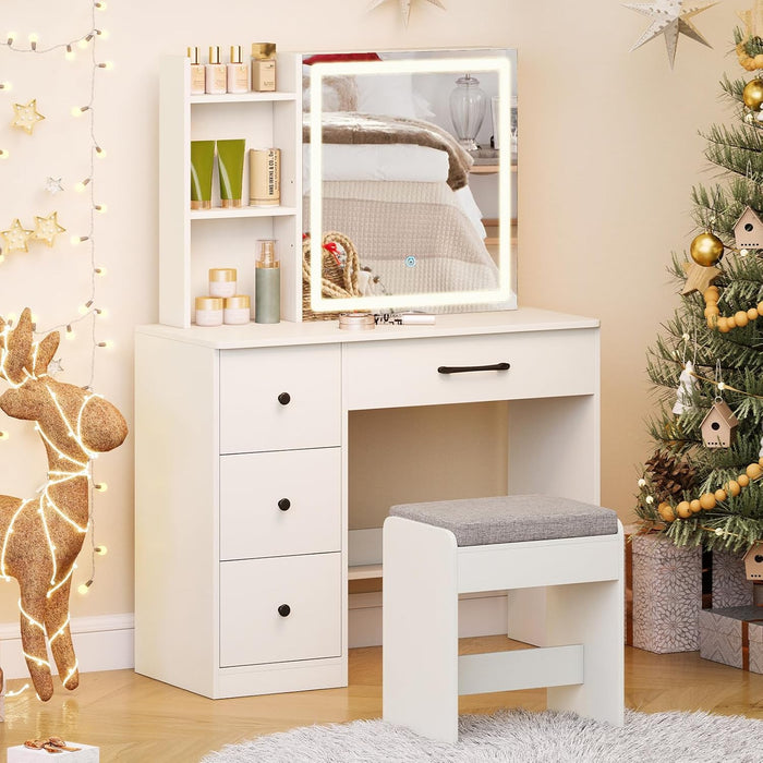 38" Vanity Desk with Lighted Sliding Mirror, Adjustable LED Lighting, Hidden Storage, 4 Drawers & 3 Shelves, Cushioned Stool, Modern Makeup Vanity Dressing Table Set for Bedroom, White