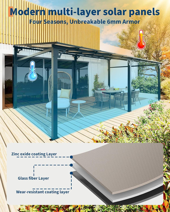 12'X20' Lean-To Wall-Mounted Hardtop Gazebo, 6Mm Uv-Resistant Polycarbonate Roof, Reinforced Aluminum Frame, All-Weather Pergola for Patio, Deck, Backyard, Lawn