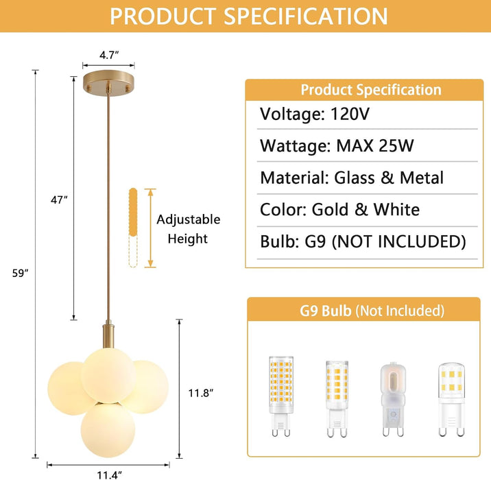 Glass Globe Chandeliers, 4-Light Gold Dining Room Light Fixture, 11In Milk Glass Pendant Lights Kitchen Island Modern Chandeliers for Dining Room Kitchen Living Room Bedroom Hallway Entryway Foyer