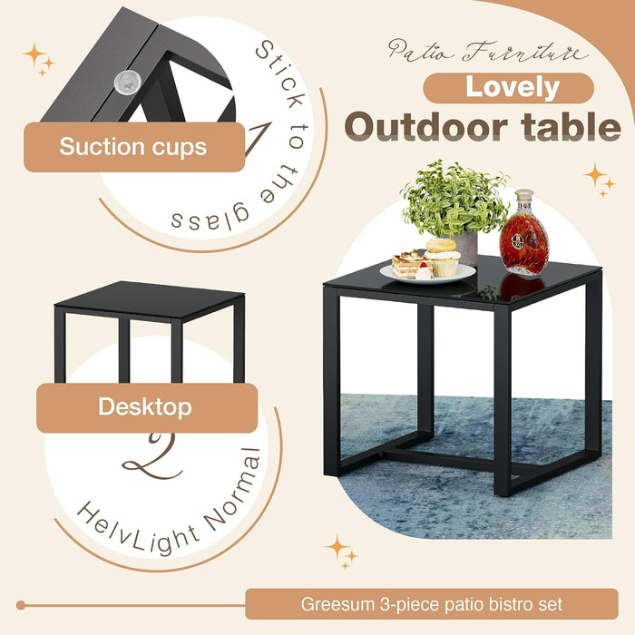 3 Pieces Outdoor Furniture Set Patio Bistro Rocking Chairs with Glass Coffee Table for Pool Beach Backyard Balcony Porch Deck Garden, Black