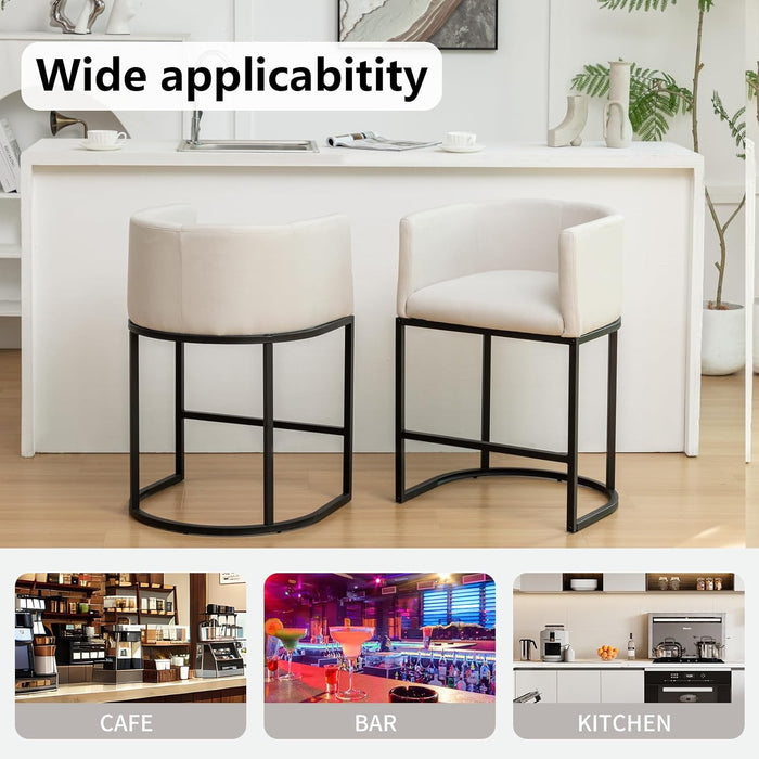 Counter Height Bar Stools Set of 4, 25" Modern Barstools with Backrest, Barrel Counter Stools with Metal Frames, Linen Fabric Upholstered Bar Stool for Kitchen Island, Pub (Beige)