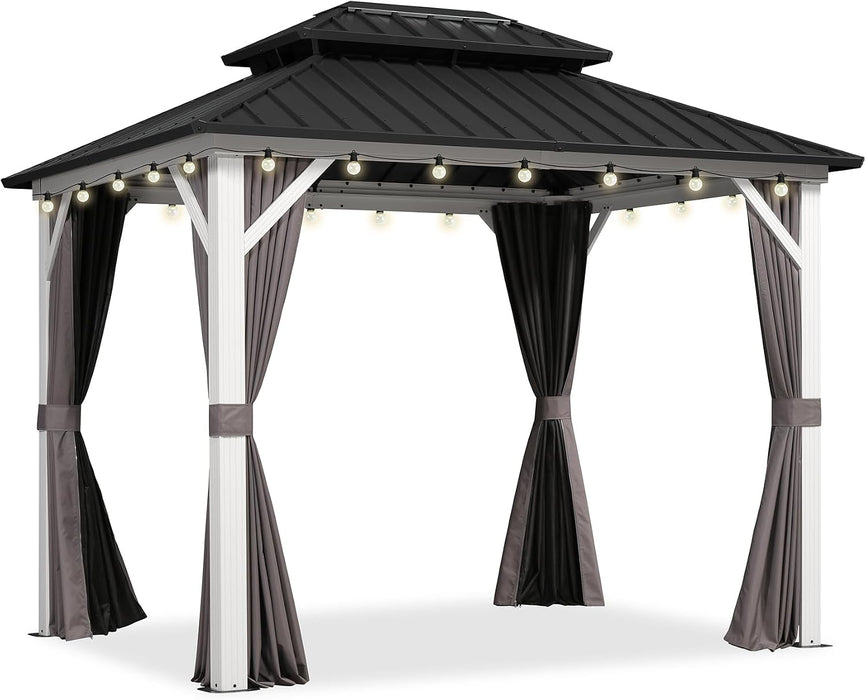 8' X 10' Outdoor Gazebo Galvanized Steel Double Roof White Aluminum Frame Hardtop Heavy Duty Gazebo with Curtain and Netting for Patio Garden and Backyard, Grey
