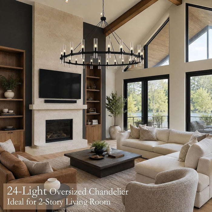 70" 24-Light Black Wagon Wheel Chandelier for High Ceilings Living Room