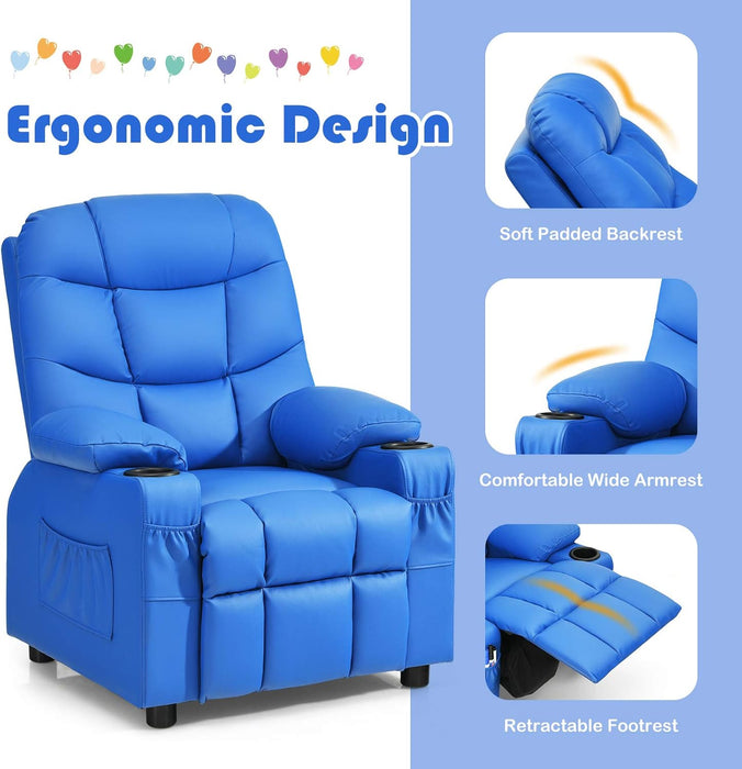 Kids Recliner Chair with Cup Holder, Adjustable Leather Lounge Chair W/Footrest & Side Pockets for Children Boys Girls Room, Ergonomic Toddler Furniture Sofa, Kids Recliner (Blue)