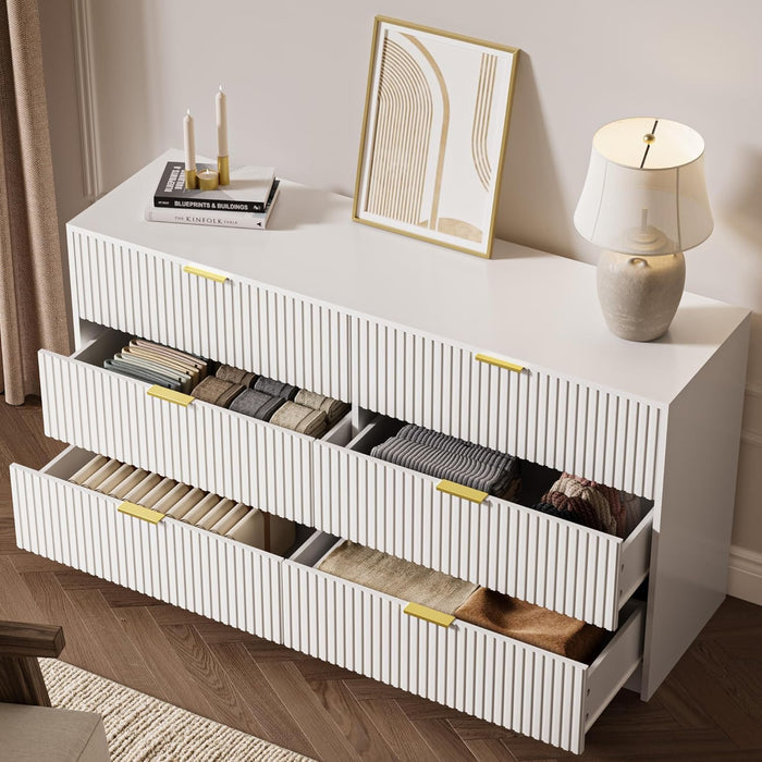 55" Wide Fluted 6-Drawer Double Dresser for Bedroom, White