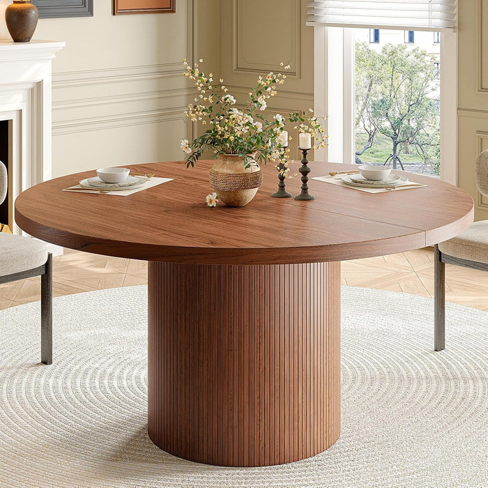 47 Inch round Dining Table for 4-6, Walnut | Circle Kitchen Table with Fluted Base, Modern Farmhouse Dinner Tables for Kitchen, Living Room