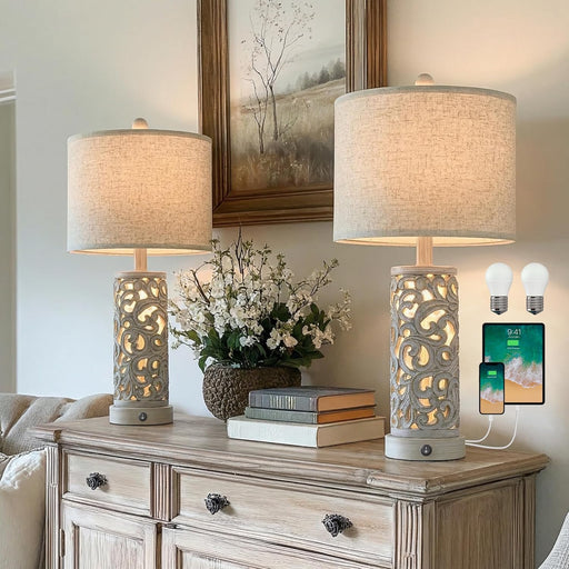 Bedside Table Lamps Set of 2 with USB & Night Light, 22'' Farmhouse Bedroom Lamps for Nightstand, Vintage Table Lamps for Bedroom Living Room Home Offce (Bulb Included)