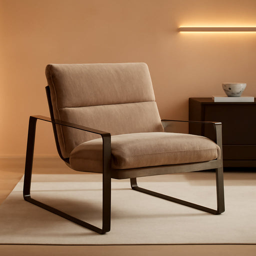 Mid-Century Accent Chair, Comfy Chenille Fabric Side Chair with Armrest, Upholstered Leisure Chair with Bronze Metal Frame for Living Room Reception Room, 1PC, Khaki