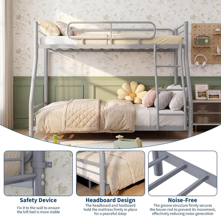 Twin over Full Bunk Bed Frame, Heavy Duty Metal Bunk Beds for Kids/Teens/Adults, 450 Lbs Upper & 500 Lbs Lower Capacity, Slot-Type Assembly, Reversible Ladder, 11.7" Safety Guardrails，Grey