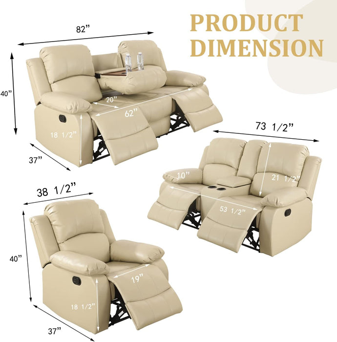 Manual Leather Sofa Recliner Set for Living Room Furniture Set,Leather Recliner Couch Set for Home/Office,Leather Reclining Sofa Set for 3-Pieces(Sofa+Loveseat+Chair) Beige