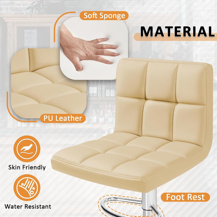 Bar Stools Modern PU Leather Adjustable Swivel Barstools, Armless Hydraulic Kitchen Counter Bar Stool Extra Height Square Island Barstool with Back Set of 2 (Leather, Beige)