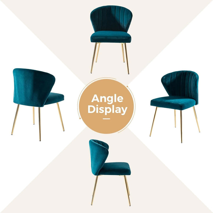 Dining Chairs Set of 2 Velvet Upholstered Kitchen & Dining Room Chairs with Metal Legs Vanity Chair Armless Side Chairs for Living Room Bedroom Restaurant, Channel Curved Backrest, Teal