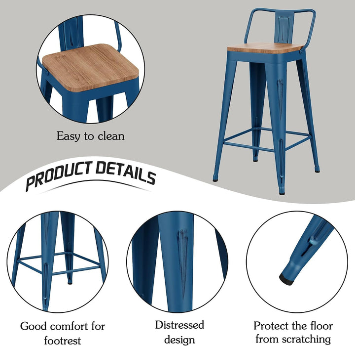 24" Metal Bar Stools Set of 4 Counter Height Barstools, Industrial Counter Stool Kitchen Bar Chairs with Modern Wooden Seat, Distressed Navy