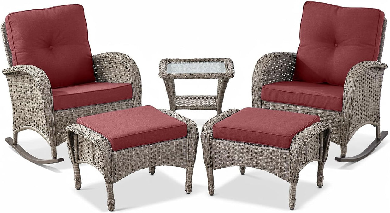 5 Piece Patio Rocking Chairs Furniture Set - Outdoor Wicker Furniture with Ottomans and Side Table, Rattan Conversation Bistro Set for Porch Balcony Backyard