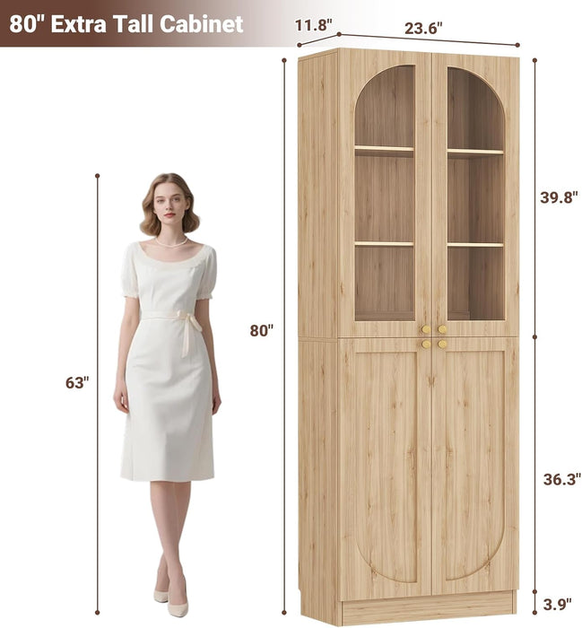 80" Arched Bookcase with Tempered Glass & Soft Close Doors, 2 Set | Tall Bookshelf with Storage, Wooden 6-Tier Pantry Cabinet with Seamless Fit Wall for Home Office, Living Room, Kitchen