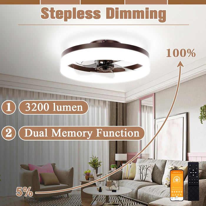 Low Profile Ceiling Fans with Lights and Remote,15.7In Modern Ceiling Fan Flush Mount, 3000K-6500K Dimmable Bladeless LED Fan Light,Brown Fandelier Ceiling Fans with Lights for Bedroom