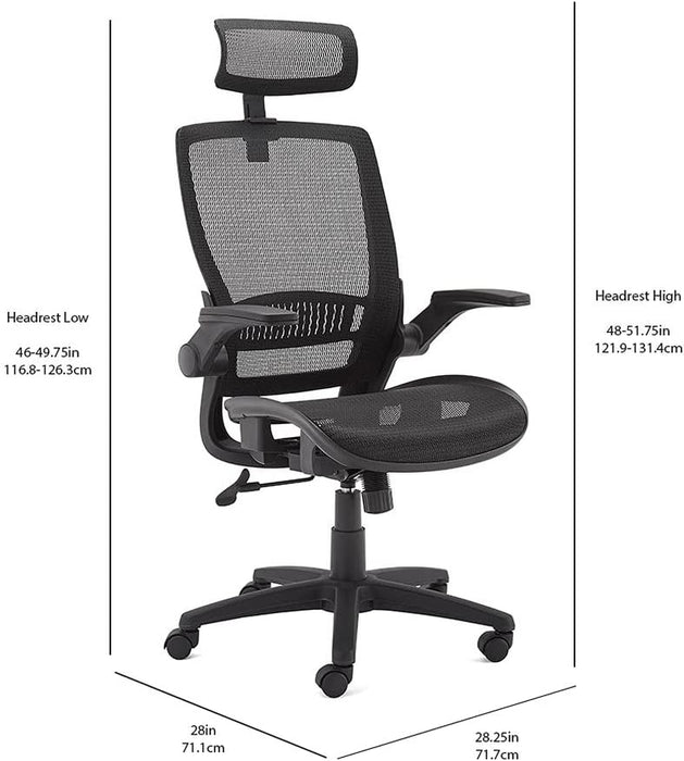 Ergonomic High-Back Desk Chair, Comfortable Flip-Up Armrests, Contoured Mesh Seat, Swivel, Black, 25.5"D X 26.25"W X 49.25"H